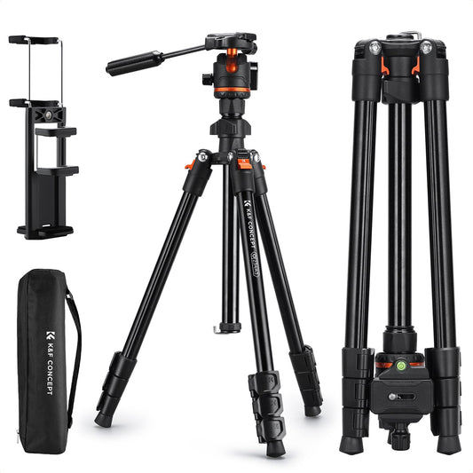 K&F CONCEPT Black 182CM Compact Aluminum Camera Tripod, Portable Travel Video Tripod, Compatible with iPhone, Load Capacity 8KG, Arca-Swiss Ball Head for DSLR and Mirrorless Cameras O234A3+BH-36