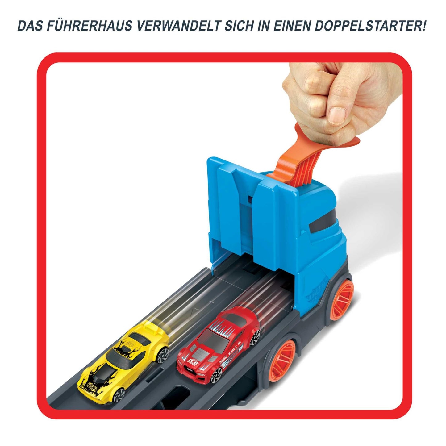 Hot Wheels - 2:1 car racing track to transporter, including 3 toy cars, with double starter, trigger function and switch, space for 20 cars, toys from 4 years, HGH33