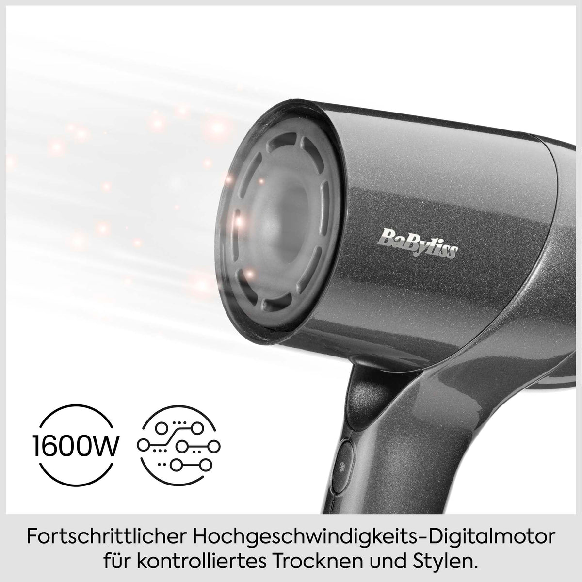 BaByliss Titanium Shine 1600W Uscător de păr cu difuzor – Uscător de păr puternic și compact, design ergonomic, tehnologie cu ioni împotriva frizz-ului, 3 niveluri de căldură și 3 viteze ale aerului, argintiu, D6200DE