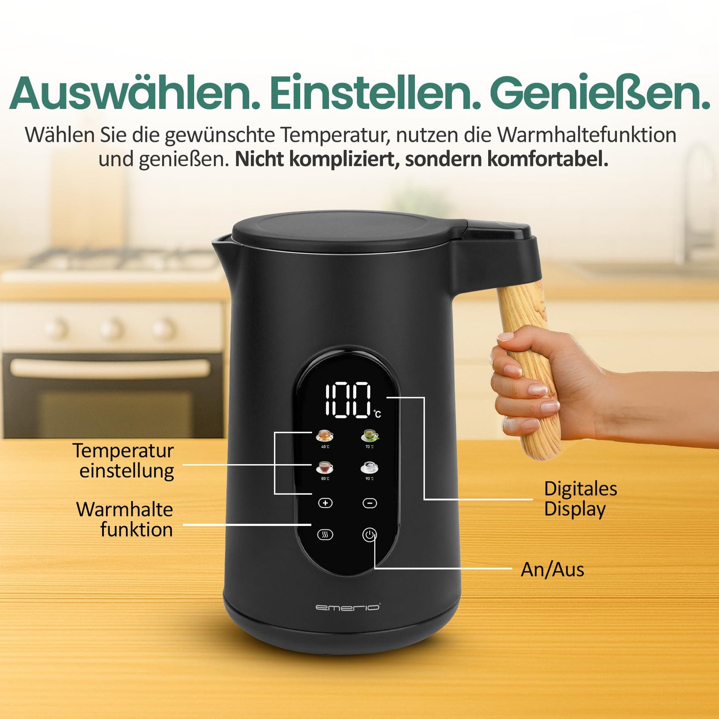 EMERIO kettle stainless steel 1.7L - insulated double wall - temperature selection 40-100°C in 5°C steps - digital display with tea & keep warm function - 2200W - auto-off | WK‑132230 - WK-132230