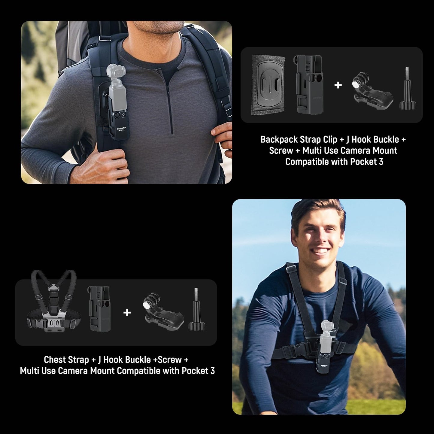 NEEWER Basics 16 in 1 Accessory Set Compatible with DJI OSMO Pocket 3, Mini Tripod Selfie Stick Chest Strap Magnetic Neck Attachment Extension Adapter Mountaineering Cycling Dual Cam Vlog, GP-52 - 10105863