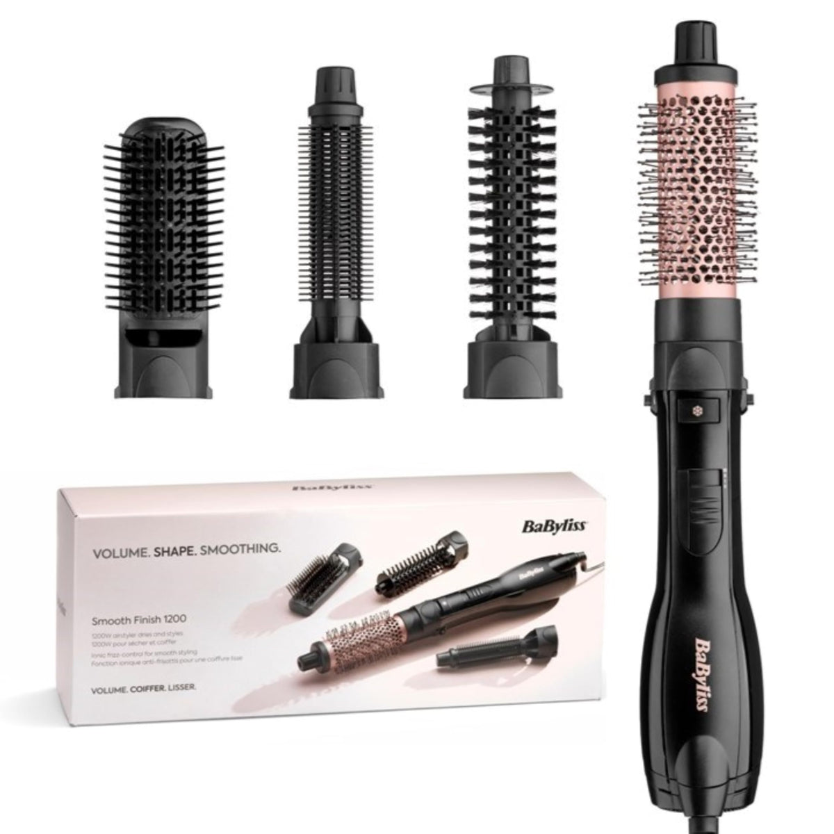 BaByliss Smooth Finish 1200 – 4-in-1 Hot Air Brush for Drying, Styling, Smoothing & Volume, Ion & Ceramic Technology, 4 Attachments, 1200W, Black/Pink, AS122E