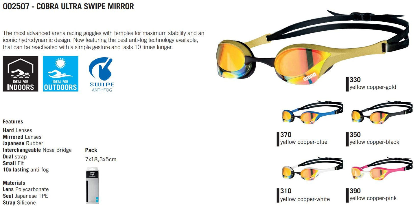 ARENA Cobra Ultra Swipe Mirror Unisex Race Swimming Goggles for Adults, Diving Goggles with Curved Mirror Lenses, Anti-Fog, UV Protection, 5 Interchangeable Nose Bridges - 002507-350-NS