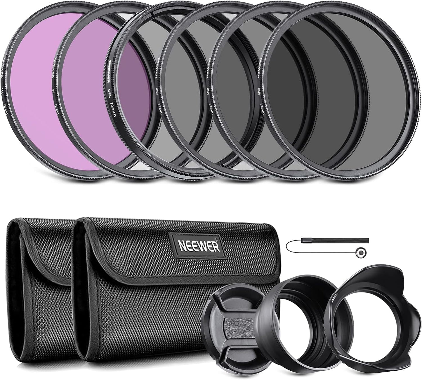 NEEWER 72mm lens filter set: UV, CPL, FLD, ND2, ND4, ND8, lens hood and lens cap compatible with Canon Nikon Sony Panasonic DSLR cameras with 72mm lens - 10101717