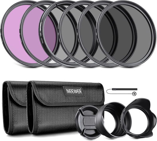 NEEWER 72mm lens filter set: UV, CPL, FLD, ND2, ND4, ND8, lens hood and lens cap compatible with Canon Nikon Sony Panasonic DSLR cameras with 72mm lens - 10101717