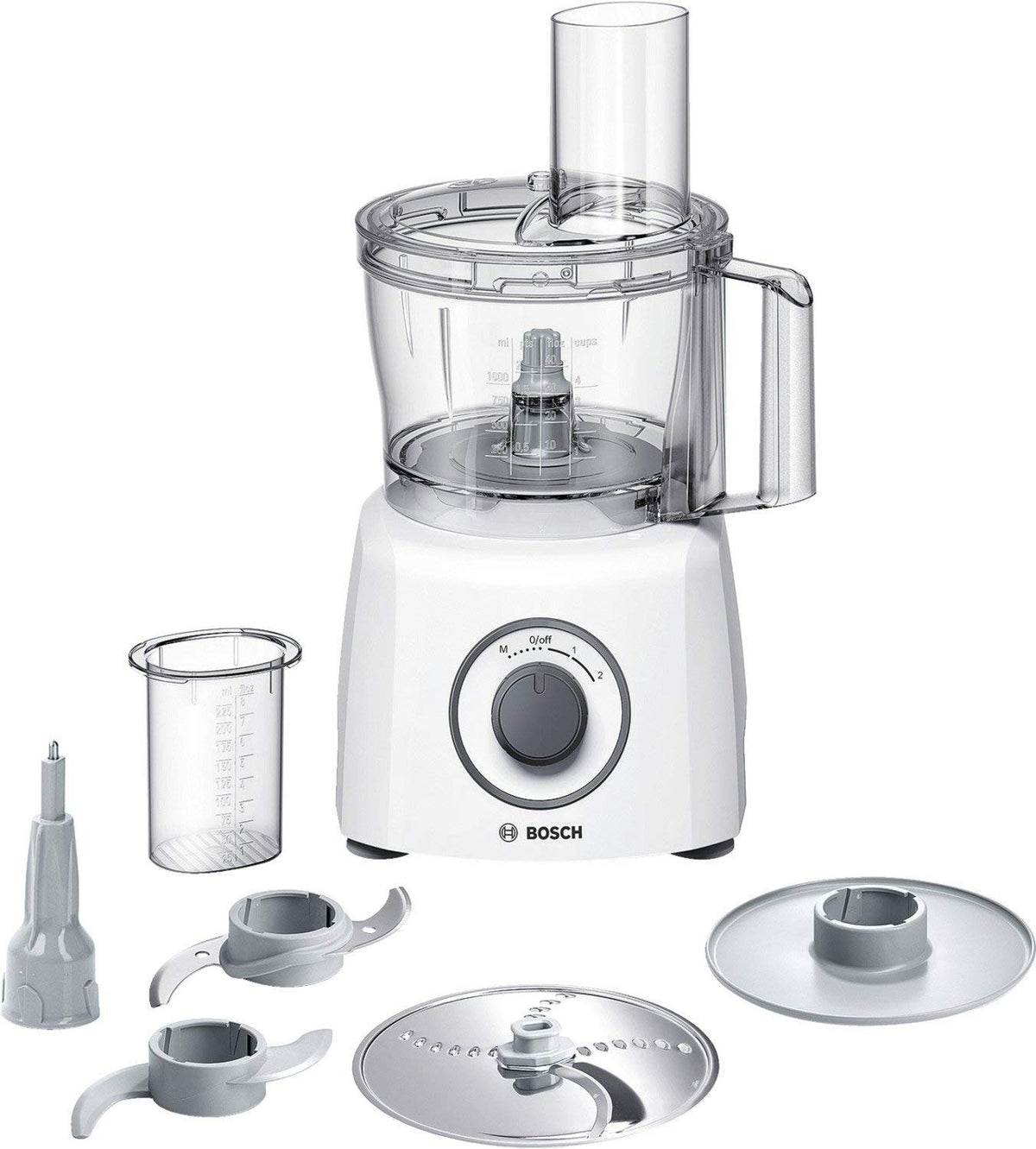 Bosch Compact Kitchen Machine MultiTalent 3, 20 functions, mixing bowl 2.3 L, universal knife, cutting-grating-turning disc, whipping disc (for cream), filling aid, lid, 800 W, white, MCM3100W