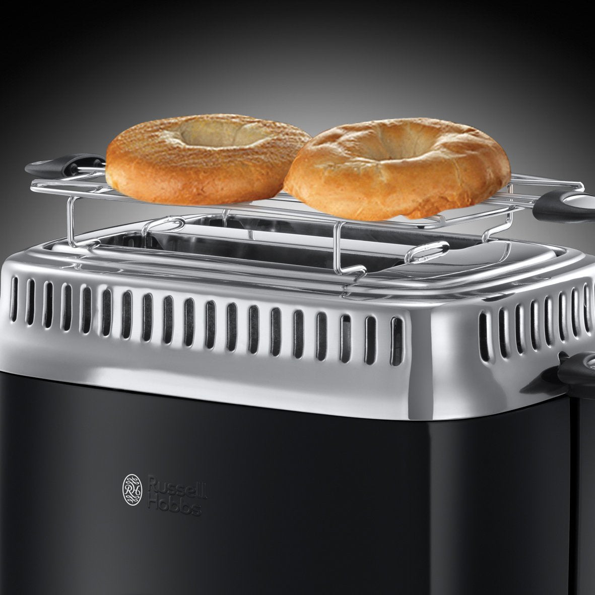 Russell Hobbs Toaster [for 2 slices] Retro Stainless Steel Black (Countdown display in retro design, includes bun warmer, 6 browning levels + defrost & reheat function, 1300W) Vintage 21681-56