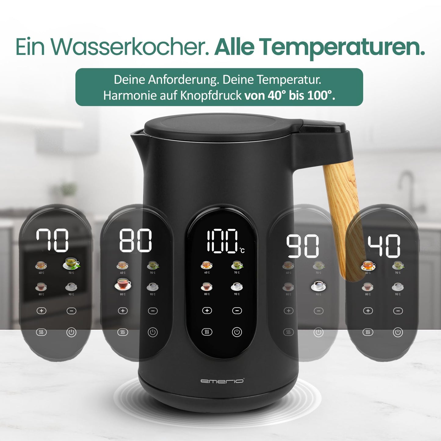 EMERIO kettle stainless steel 1.7L - insulated double wall - temperature selection 40-100°C in 5°C steps - digital display with tea & keep warm function - 2200W - auto-off | WK‑132230 - WK-132230