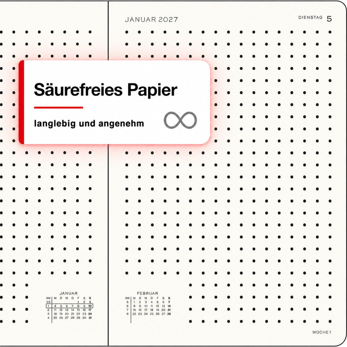 LEUCHTTURM1917 Daily Calendar 2027 Dotted Medium (A5) - German, Forest Green, 145 x 210 mm, January-December (12 months), 1 page per day, hourly grid 7:00-22:00, hardcover, 80 g/m² paper - 400169
