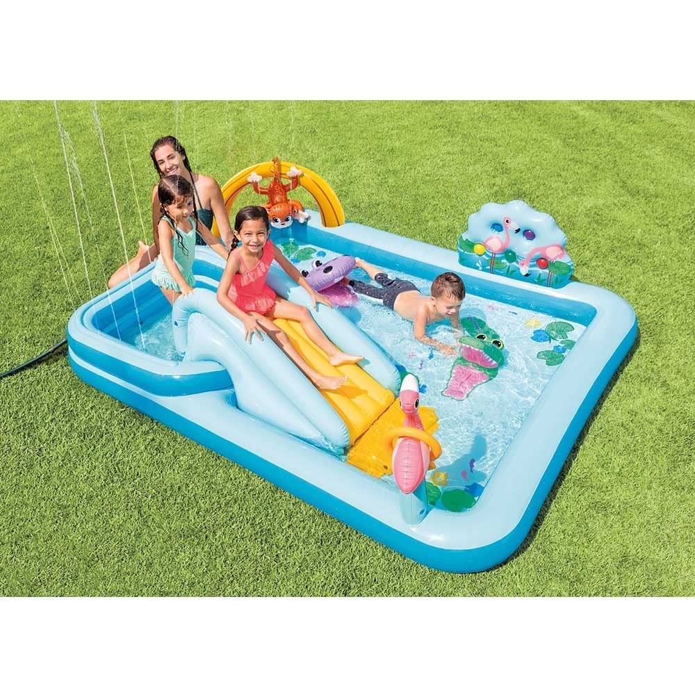 INTEX "Jungle Adventure Play" Inflatable Paddling Pool for Children Children's Pool Set 244 x 198 x 71cm Jungle World Flamingo, Crocodile, Hippopotamus & Monkey, Rain Shower & Slide, 550 l (57161NP)