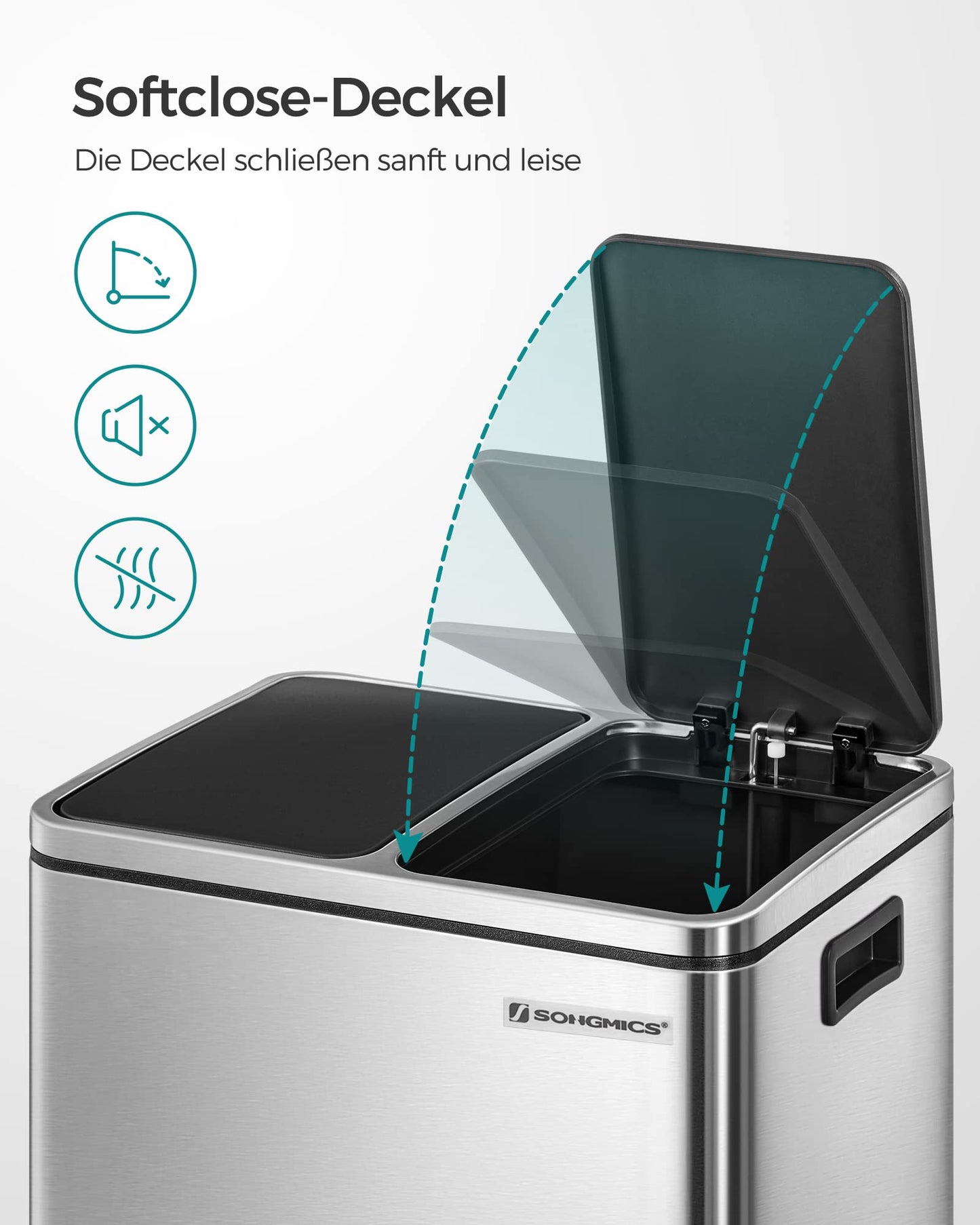 SONGMICS kitchen trash can, 2 x 15 liters, waste separation system 2 compartments, including 15 trash bags, trash can, pedal bin, recyclable waste, organic waste, soft close lid, metallic silver-ink black LTB30H