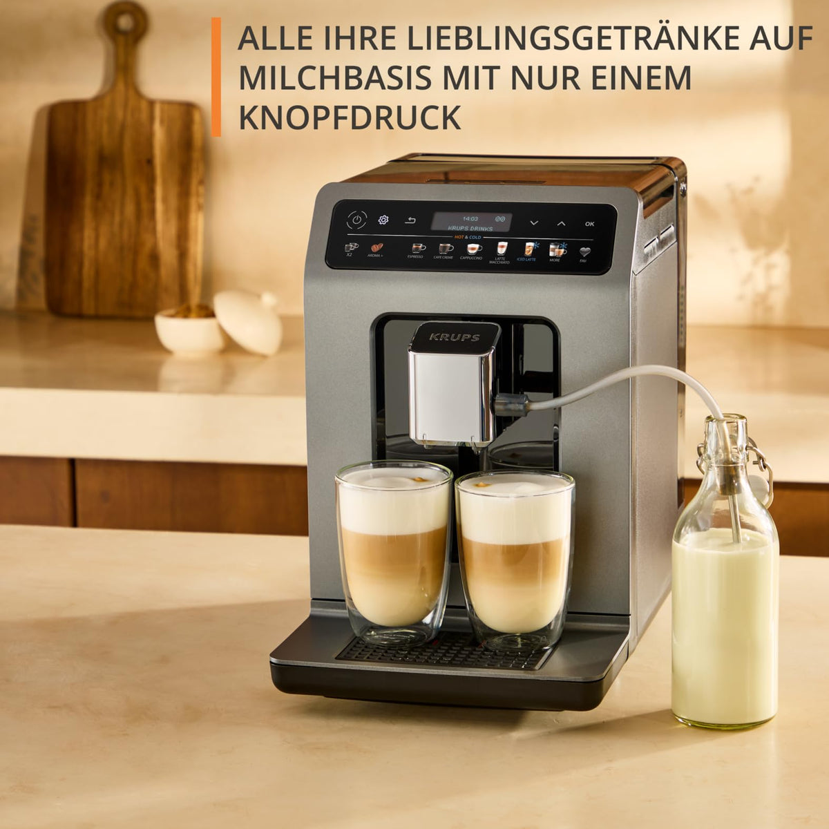 Krups Evidence Hot & Cold Coffee Machine, 18 beverage specialties, hot and cold drinks, One-Touch Cappuccino, milk system, automatic cleaning cycle, quick heating time, EA898GF0
