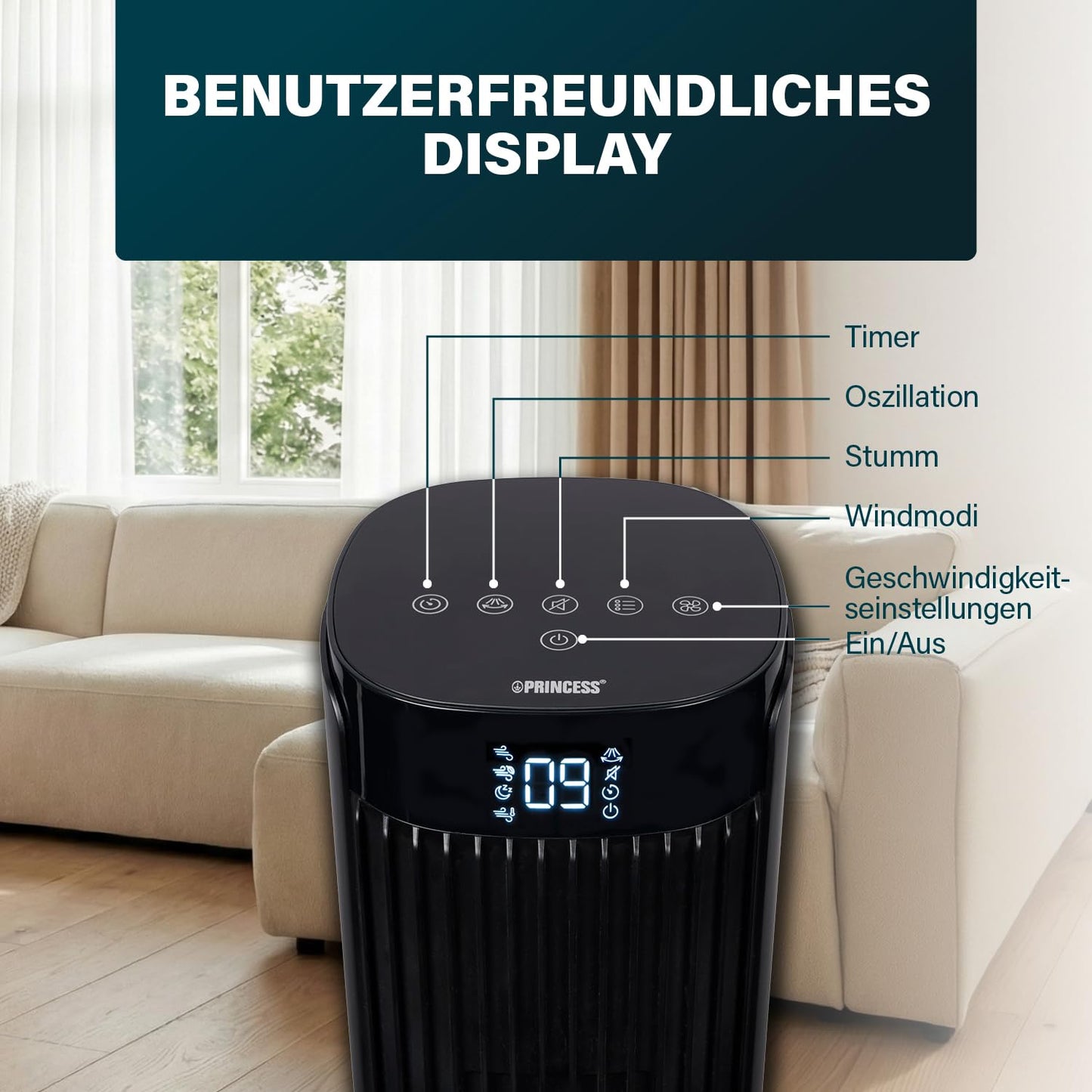 Princess Tower Fan - Elegant Design - 40 W - Powerful, Quiet, Energy Efficient - Height: 91.5 cm - Oscillating - 4 Modes - 12 Speeds - 352370 - 01.352370.01.001
