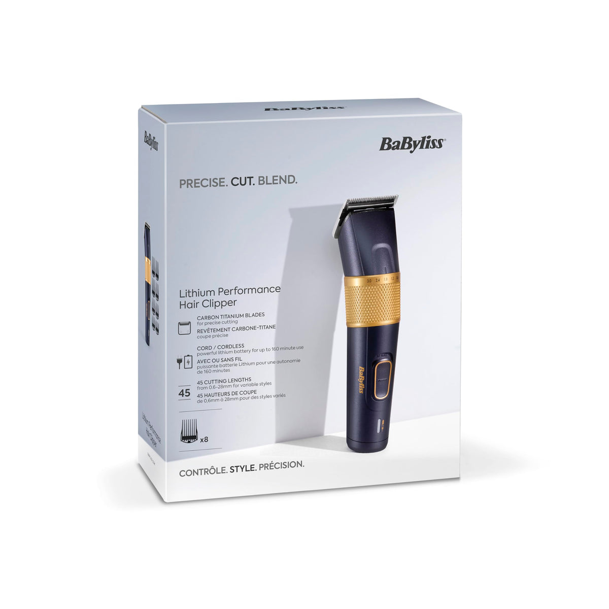 BaByliss Lithium Performance Hair Clipper – Cordless professional performance, 45 length settings (0.6–28 mm), lithium battery, dark blue/gold, E986E