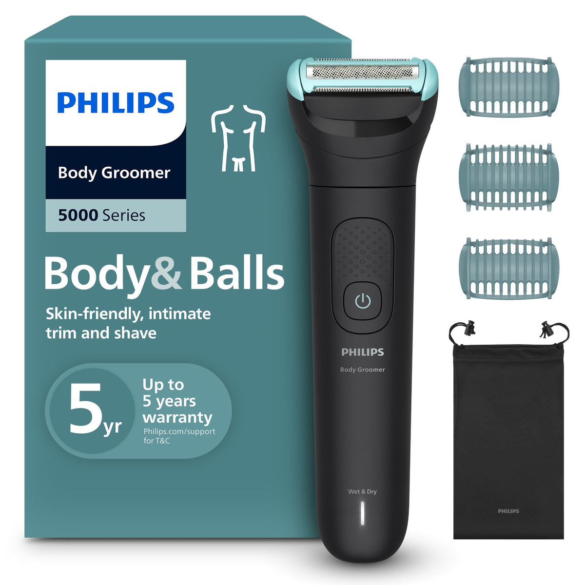 Philips Bodygroom Series 5000 – Trimmer for men with a triple protection shaving system, also suitable for use in the intimate area, 100% showerproof, 100 minutes of runtime, model BG5470/15.