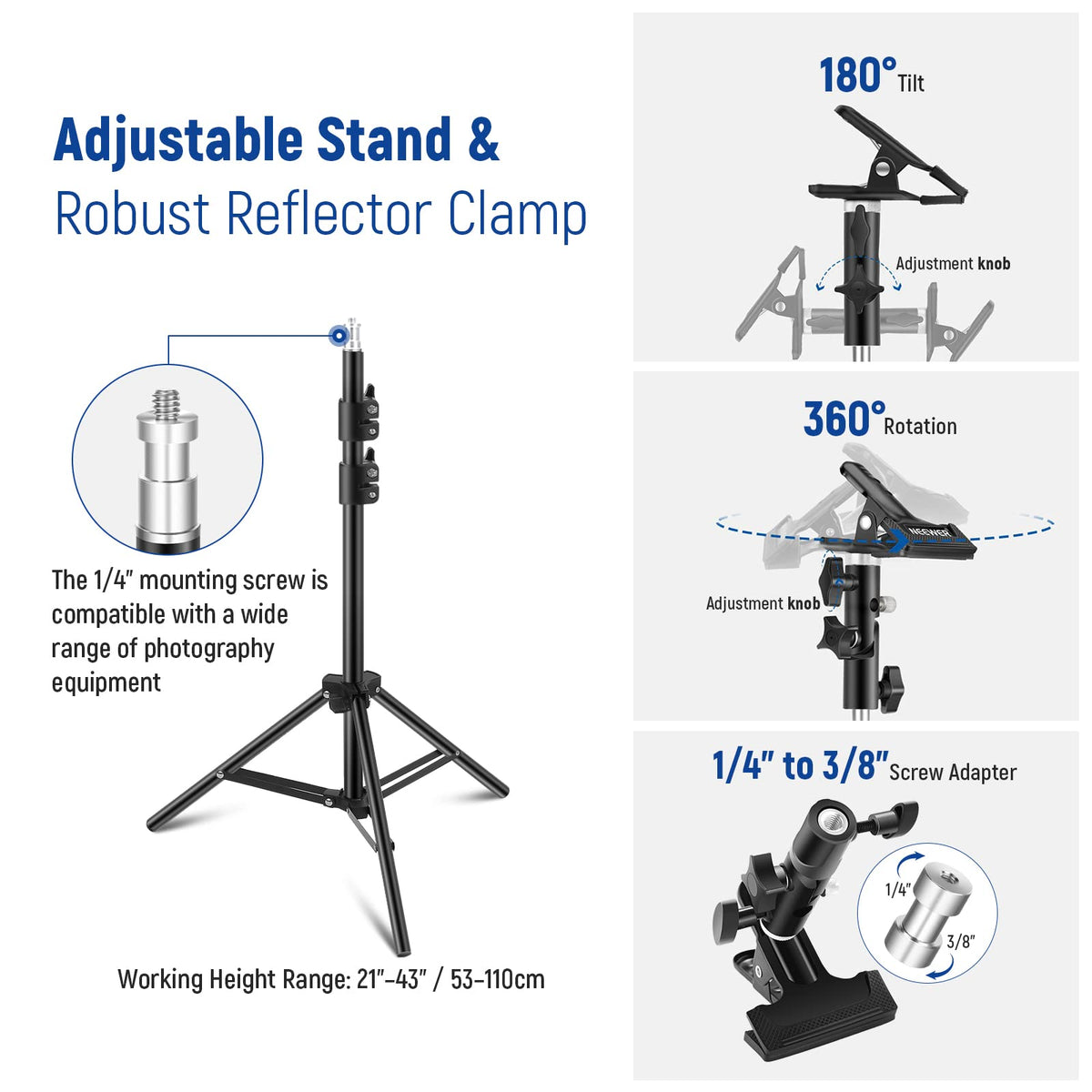 NEEWER 110cm light reflector set, 5 in 1 foldable round reflector (translucent/silver/gold/white/black) with clamp, mounting adapter and 53-110cm stand, for low angle children's photography - 10101016
