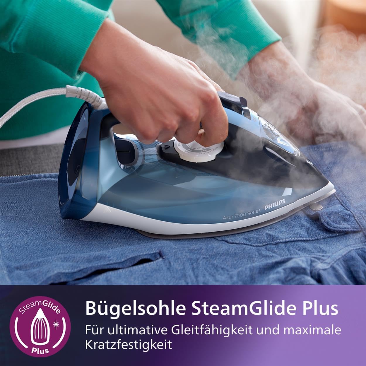 Philips Azur 7000 Series Steam Iron - 2800 W, 50 g/min continuous steam, 250 g steam boost, vertical steam, SteamGlide Plus soleplate, Louros/Light Blue (DST7020/20)