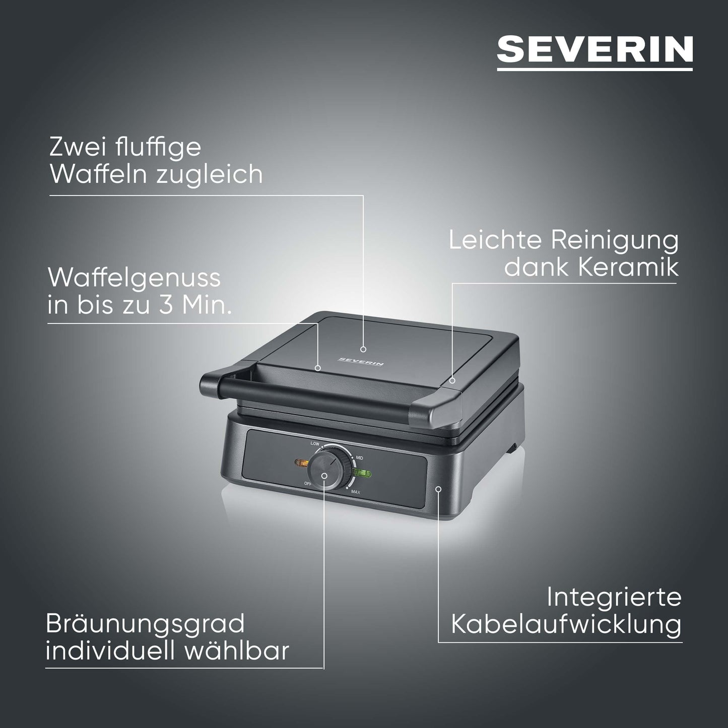 SEVERIN waffle iron Belgian waffle, square waffles, ceramic coating with PFAS-free coating, with indicator light, practical cable winder, 1,600 watts, black stainless steel, WA 2130