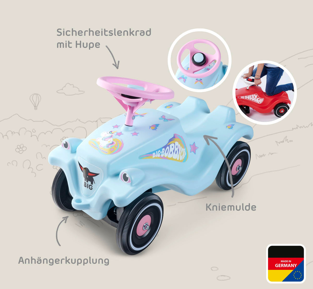 BIG-Bobby-Car-Classic Unicorn - Children's vehicle with unicorn design stickers, suitable for boys and girls, load capacity up to 50 kg, ride-on toy for kids aged 1 and up, Light Blue - 800056138