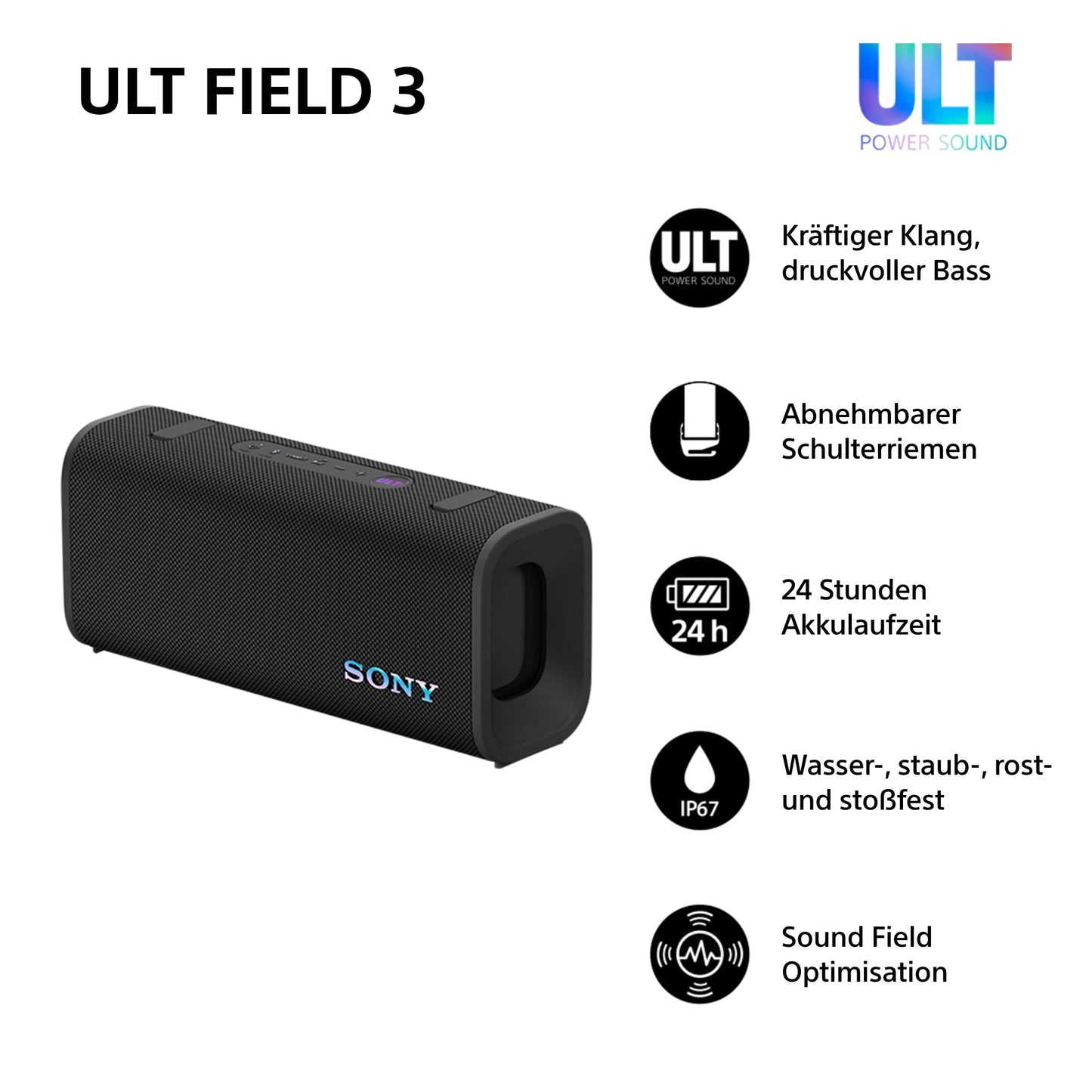 Sony ULT Field 3 - Portable Bluetooth Speaker with ULT Power Sound, 24 Hour Battery, IP67, Waterproof, Dustproof, Shockproof, Detachable Shoulder Strap, Compact - Black - SRSULT30B.CE7