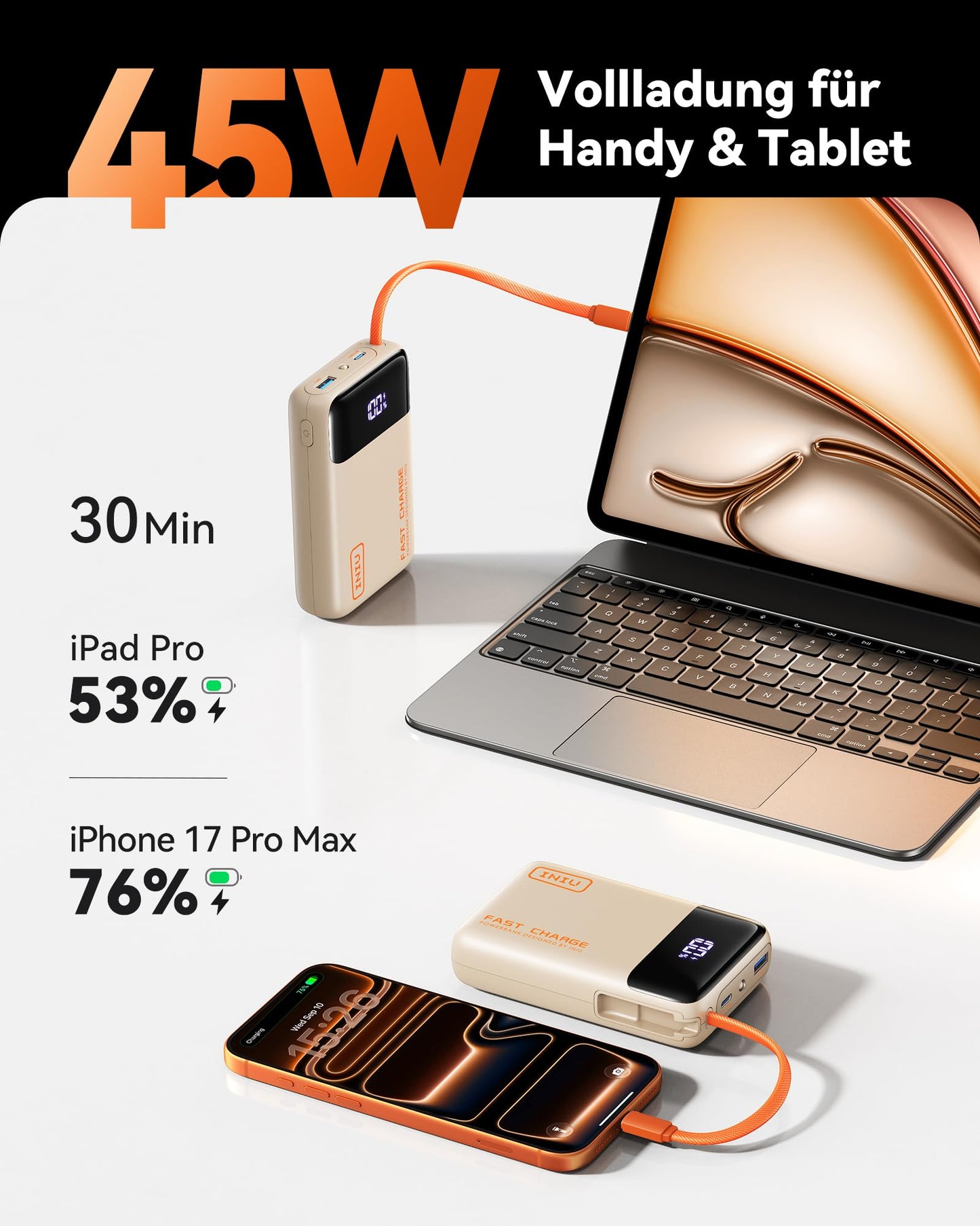 INIU 45W Power Bank, Ultra Small 20000mAh Power Bank with Integrated USB C Cable, Fast Charging External Mobile Phone Batteries, Suitable for Flight, Travel Essential for Emergencies, Power Outages, iPhone 17 16, Beige - P51L