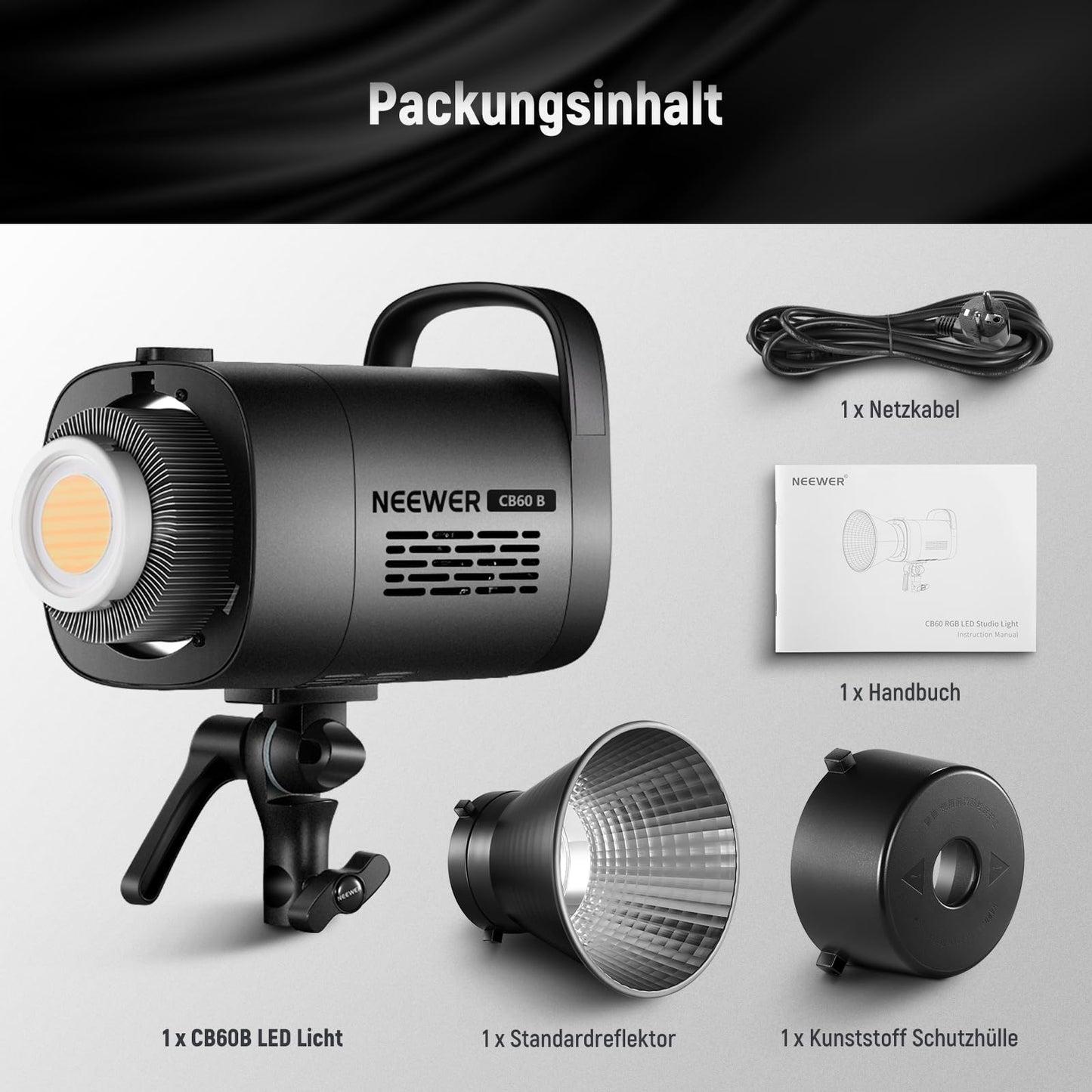 NEEWER 70W LED video light, 2.4G and APP control, two-tone 2700K-6500K video light, 34000 lux/1m, CRI97+/12 scenes/Bowens COB continuous light for studio photography video recording and streaming, CB60B - 10102325