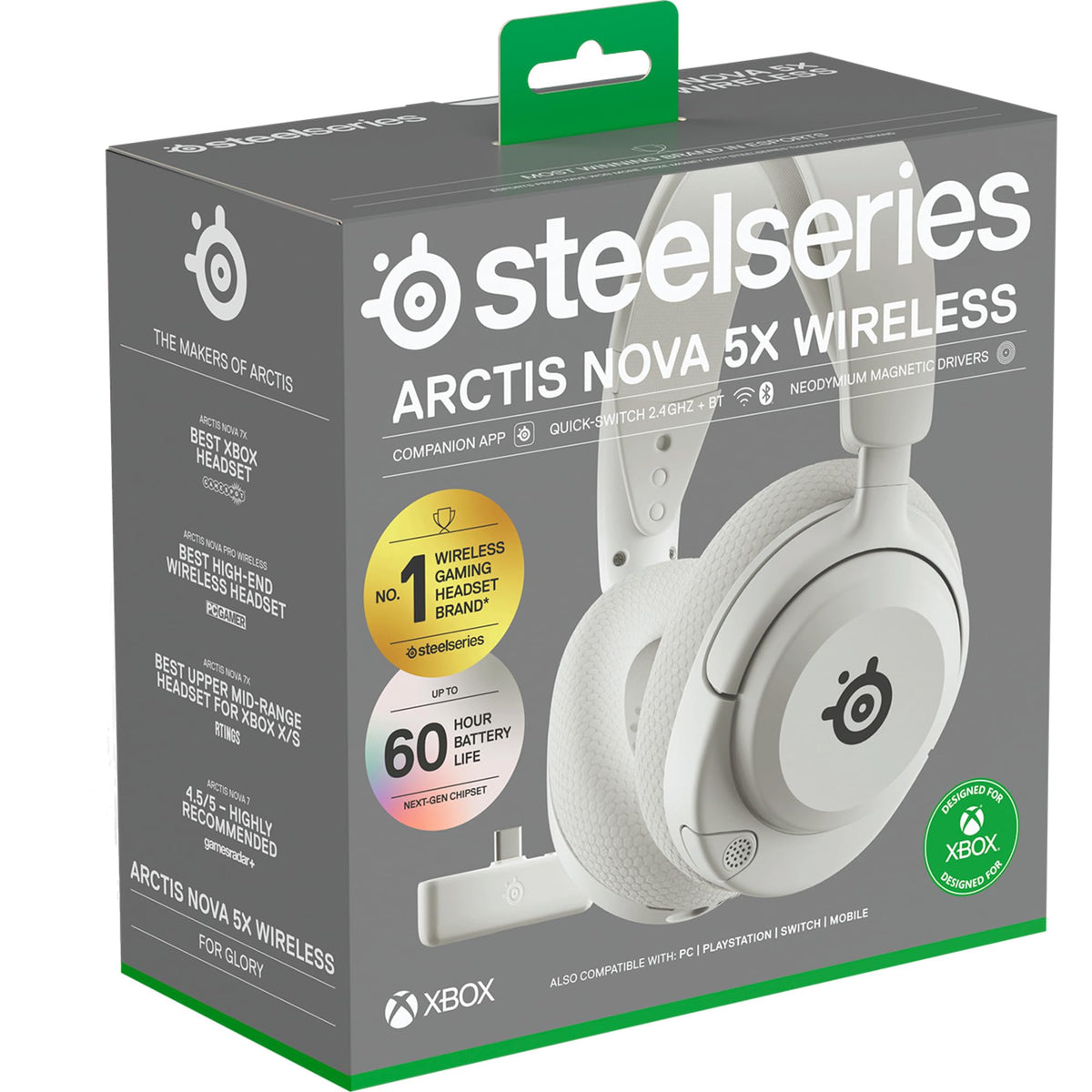 SteelSeries Arctis Nova 5X Wireless - Căști de gaming Multi-System - Xbox, PC - Driveri magnetici Neodym - Peste 100 de presetări audio - 60 de ore autonomie a bateriei - 2,4 GHz sau BT - Microfon ClearCast Gen2.X - Alb - 61677