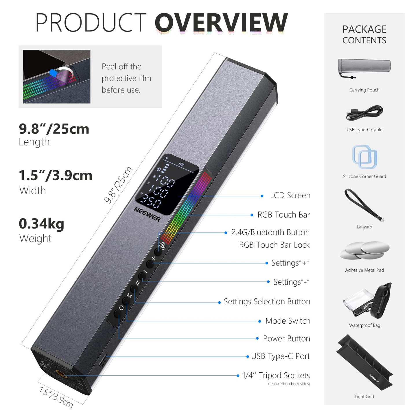 NEEWER LED video light RGB light stick, touch bar & APP control, magnetic RGB hand light stick, 3200K~5600K CRI98+ full-color LED light with 6400mAh battery, LED light stick with 17 scenes, RGB1 (silver)