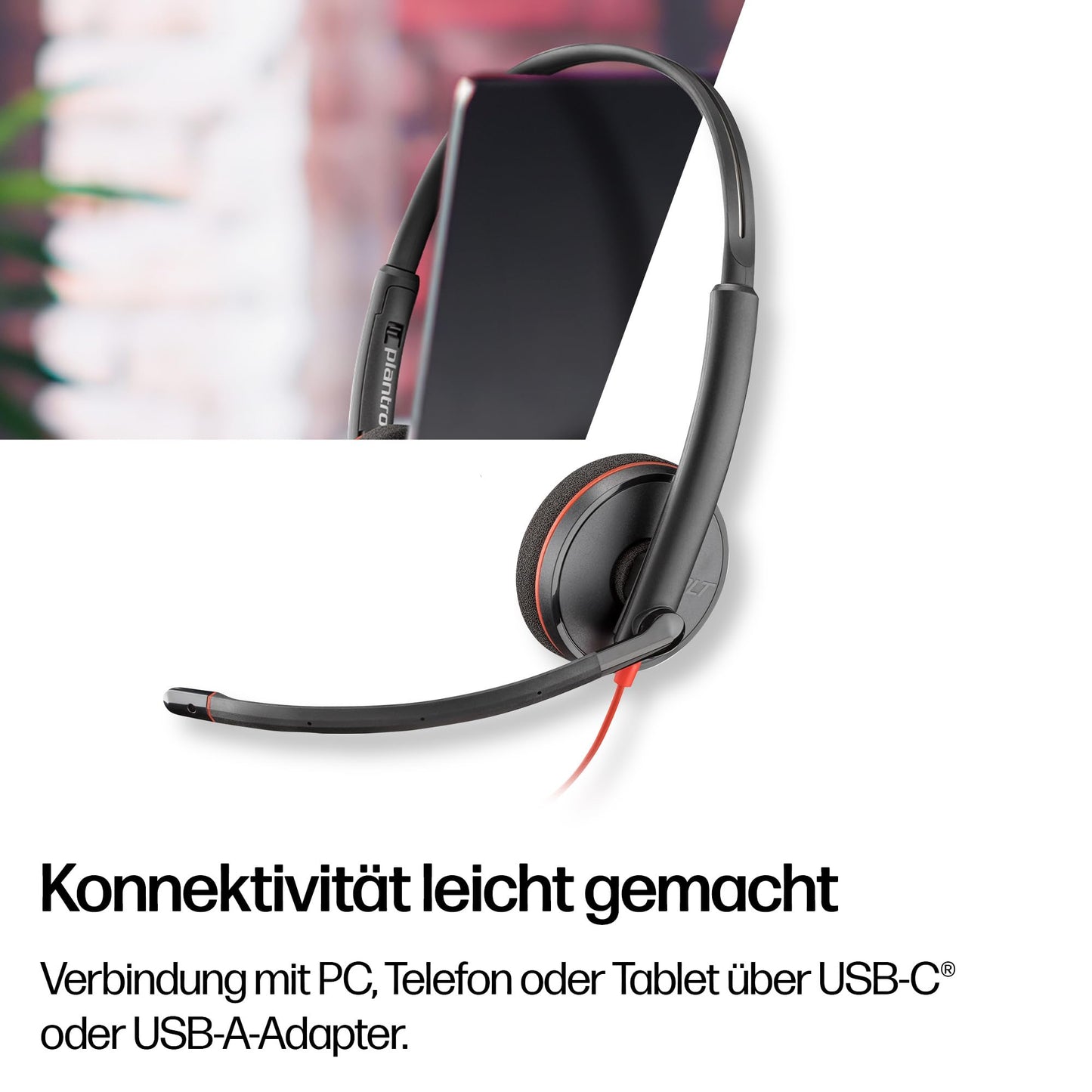 Poly Blackwire 3220 corded USB-C headset, noise canceling microphone, stereo design, connects to PC/Mac via USB-C or USB-A, compatible with Teams/Zoom, SoundGuard technology - 9P7X8AA