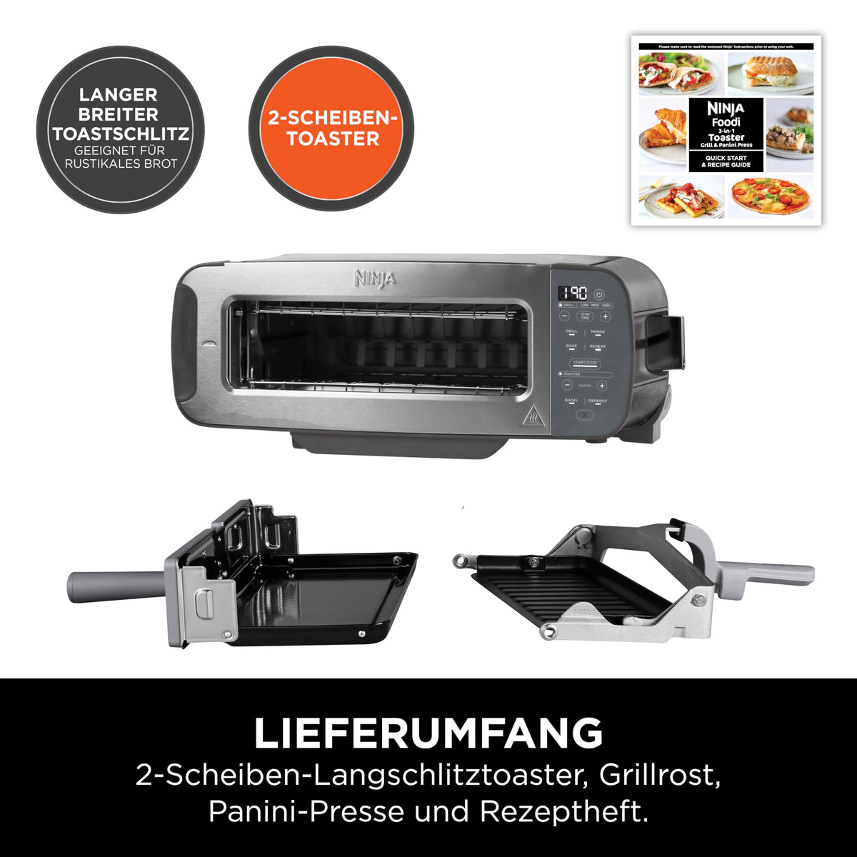 Ninja Foodi 3-in-1 Toaster, grill electric cu capac, oțel inoxidabil, ST202EU