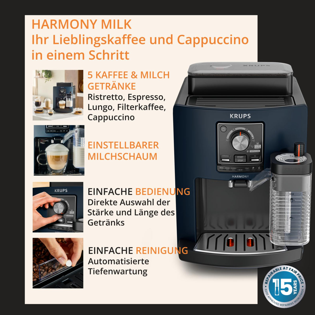 KRUPS Harmony Milk Fully Automatic Coffee Machine, 5 Coffee Specialties - EA5094E0