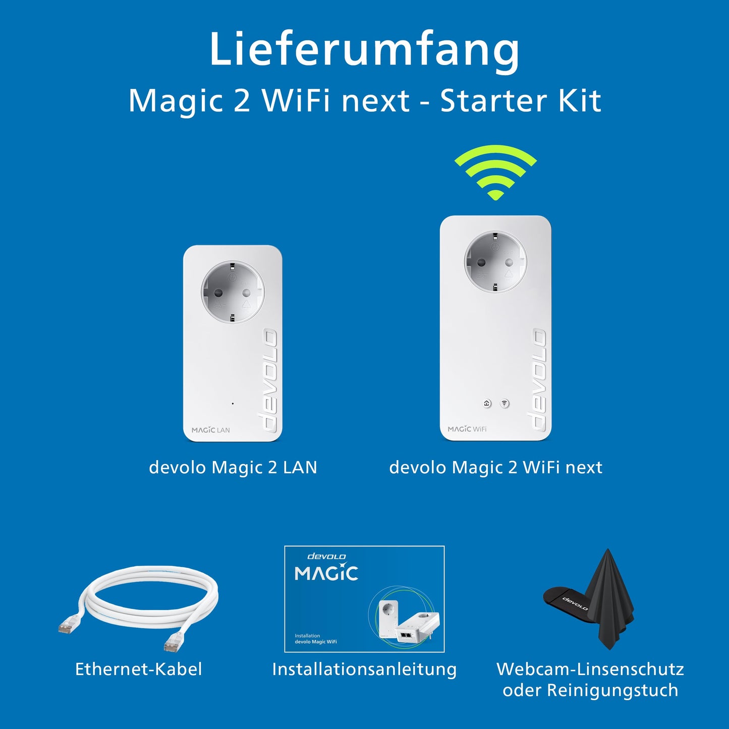 devolo Magic 2 WiFi next Starter Kit, WiFi Powerline Adapter, up to 2,400 Mbit/s, Mesh WiFi socket, 2x Gigabit LAN port, dLAN 2.0, white - 8634