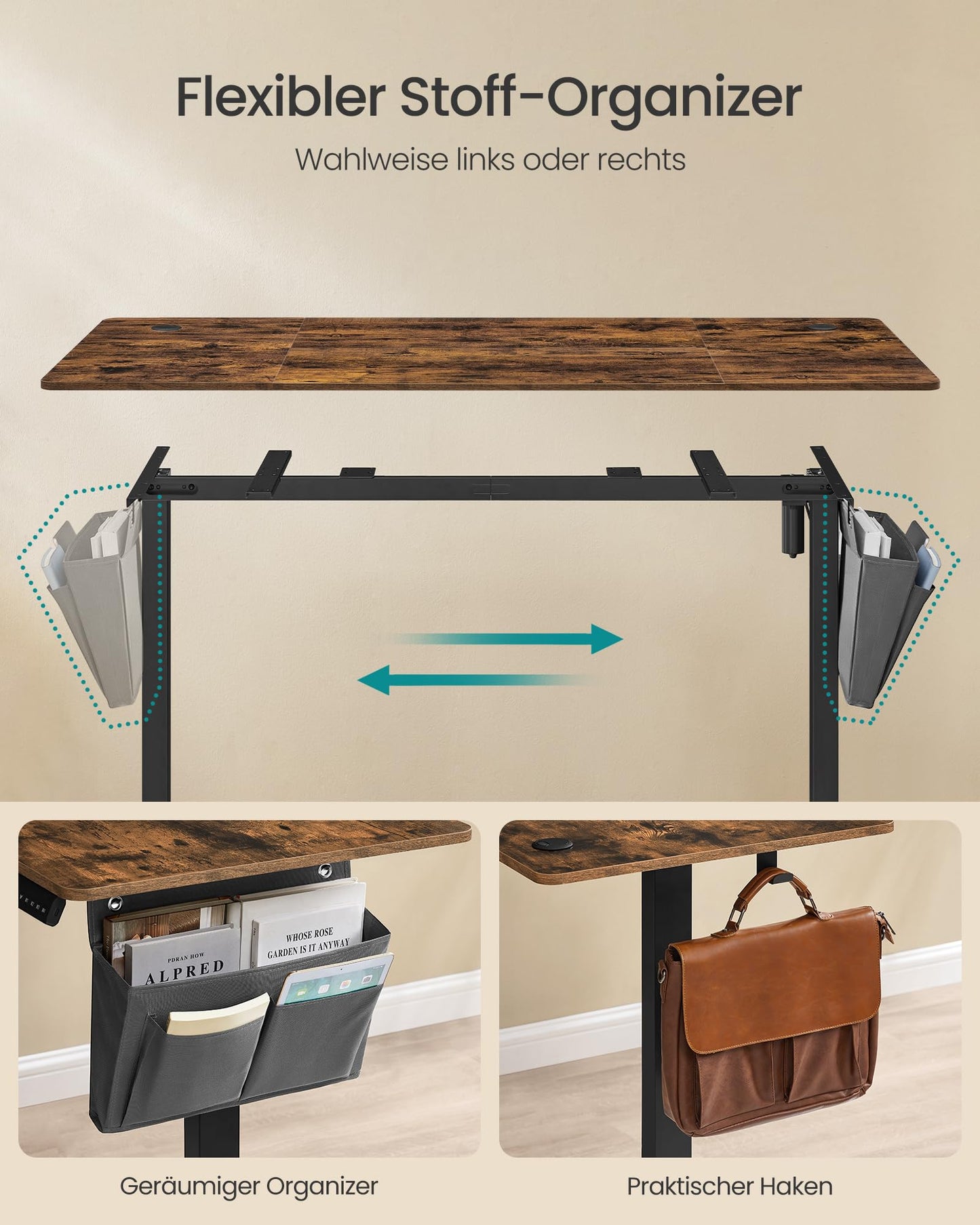 SONGMICS Electric height-adjustable desk, 160 x 70 cm, infinitely adjustable, memory function with 4 heights, vintage brown LSD136K01