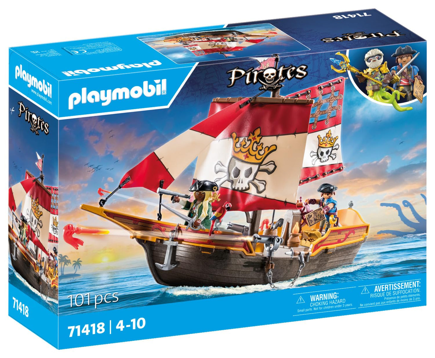 PLAYMOBIL Pirates 71418 pirate ship, exciting adventures on the high seas, with extensive accessories such as telescope, compass and cannons, toy for children aged 4 and over