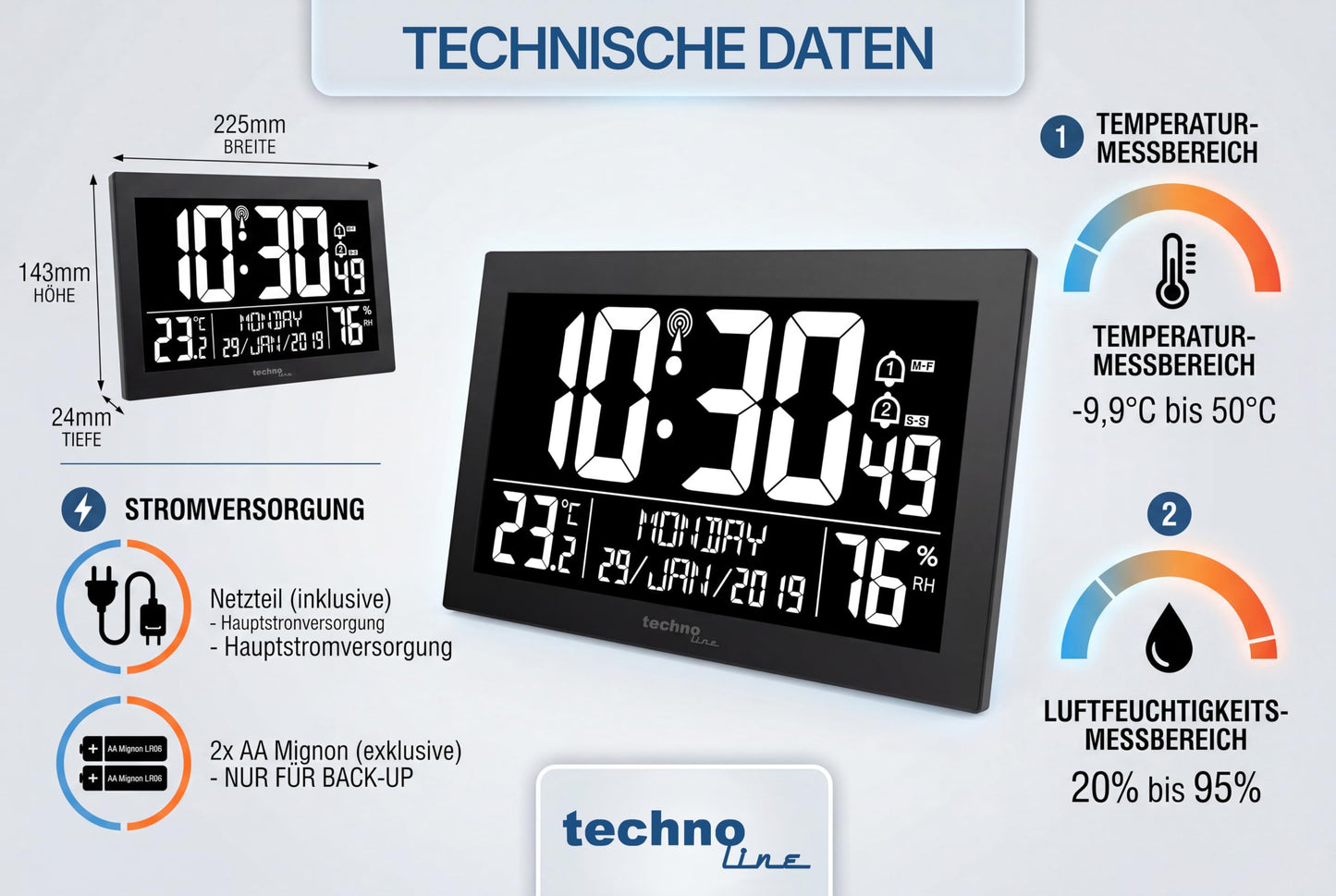 Technoline digital radio clock WS8017 with DCF77 - large LED display, temperature & humidity, 2 alarms with snooze function, calendar up to 2099, 12/24h format, table & wall clock with white LEDs