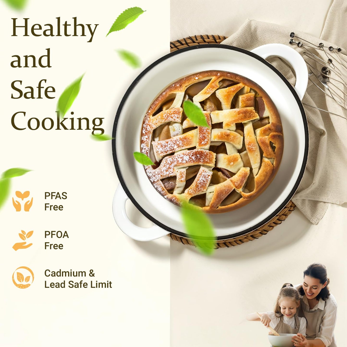 Overmont roasting pan enamel cast iron pot - casserole 28cm oven-safe - with lid and cookbook - for kitchen baking stewing roasting pearl white - 28CM-Enamel-Pearl