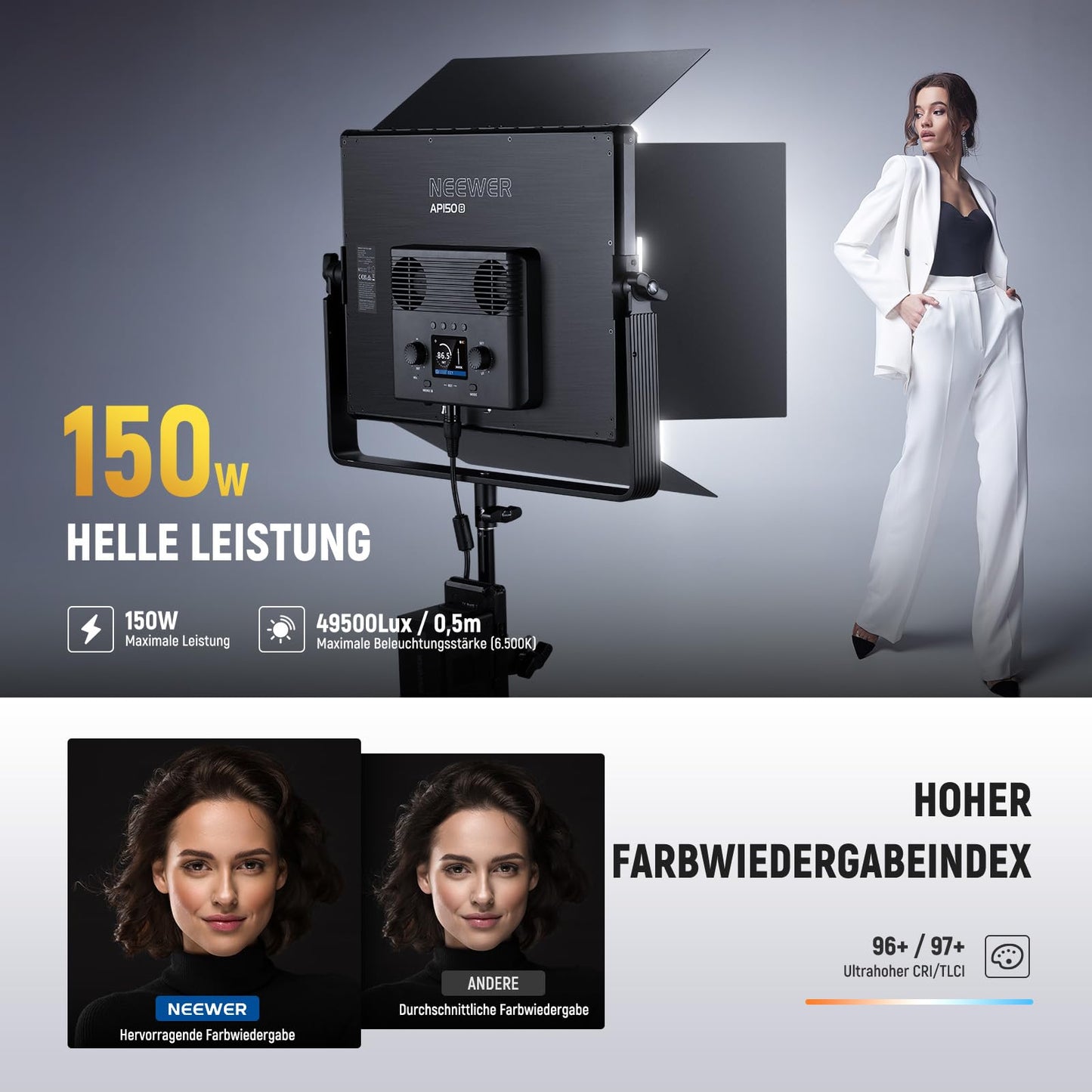 NEEWER 150W two-color LED panel video light set 1440 LEDs 49500 Lux at 0.5m 2500K - 8500K CRI96+/TLCI97+ 0 - 100% dimming function APP/2.4G/Panel/DMX control for professional studio photography AP150B - 10105660