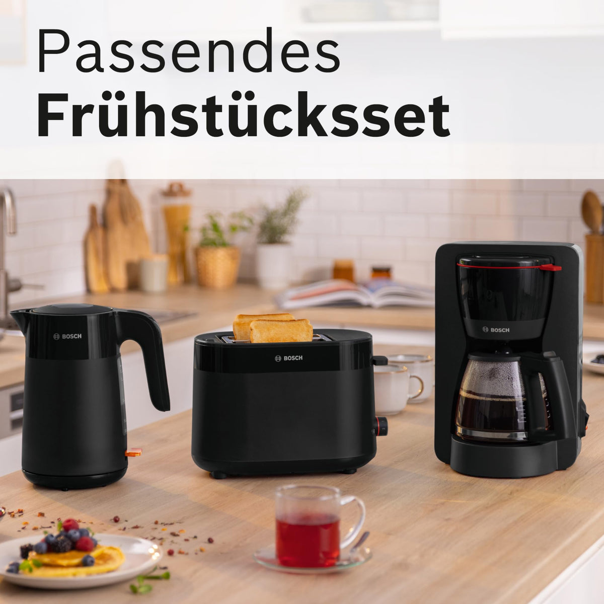 Bosch Compact Toaster MyMoment TAT2M123, integrated bun warmer, with defrost function, automatic shut-off, lift function, bread centering, perfect for 2 slices, 800 Watts, Matte Black