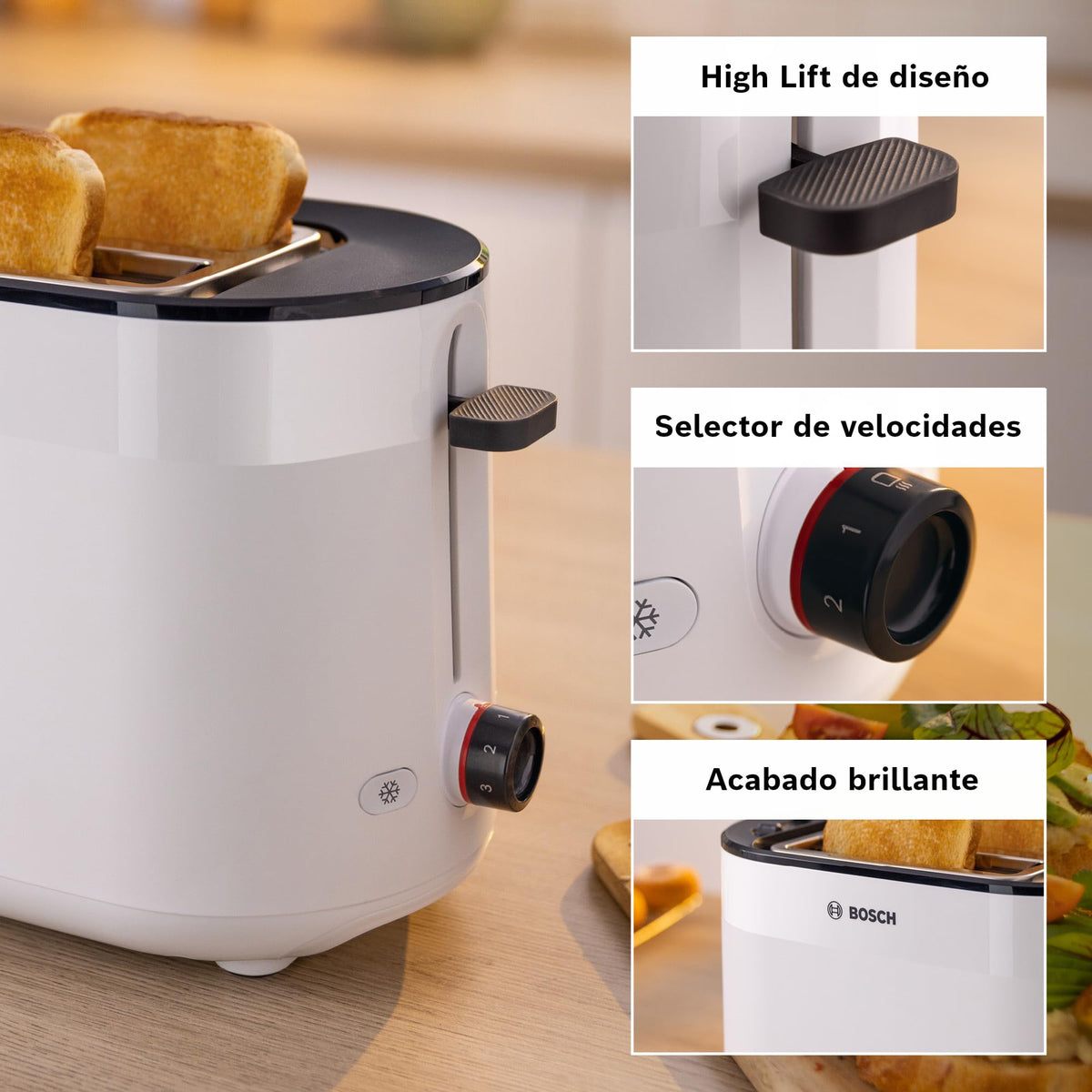 Bosch Compact Toaster MyMoment TAT2M121, integrated bun warmer, with defrost function, automatic shut-off, lift function, bread centering, perfect for 2 slices, 800 Watts, Matte White