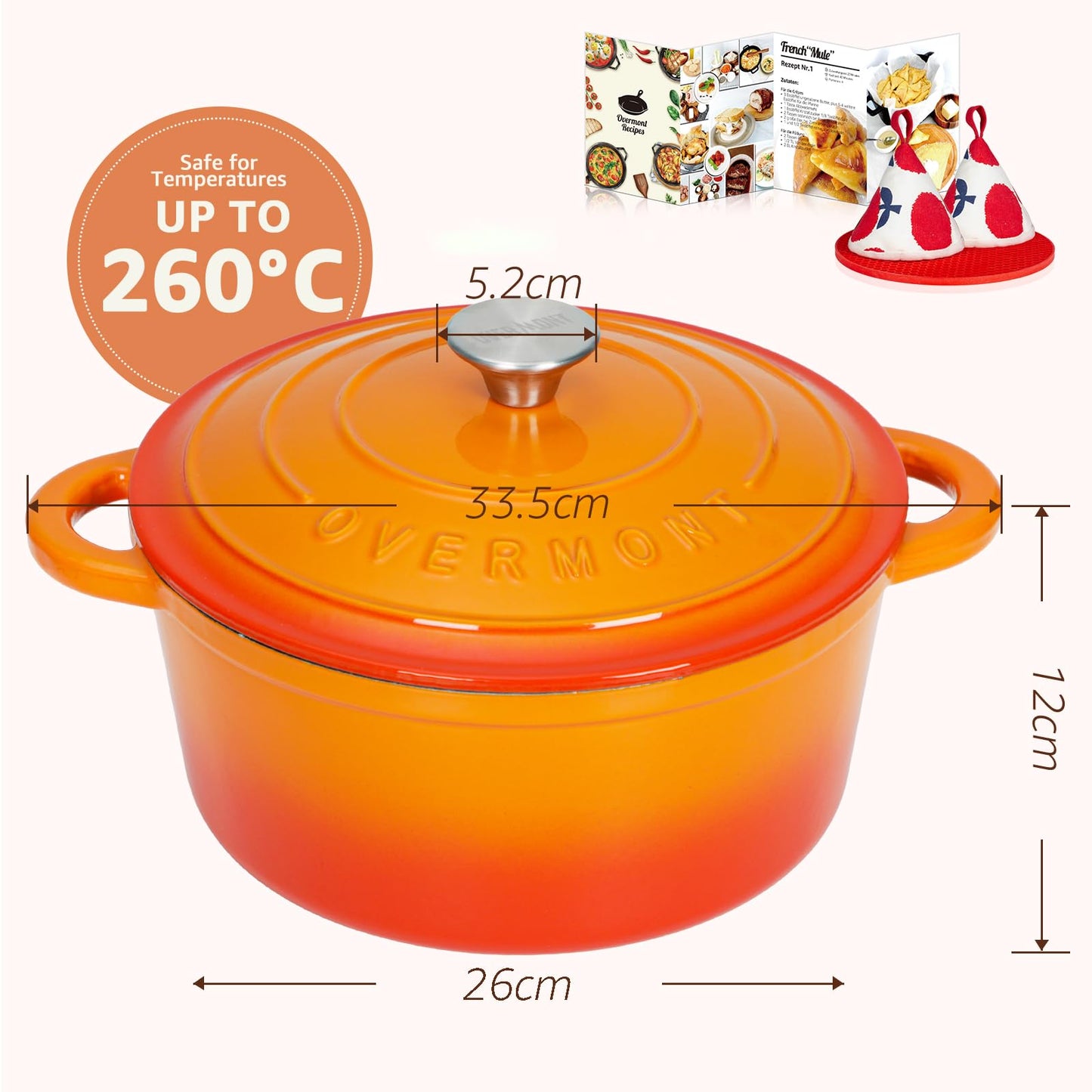 Overmont Casserole Cast Iron Pot 26cm - Enamel Roaster with Lid Oven Safe - with Cookbook - for Kitchen Baking Stewing Roasting Orange - OM-Enamel