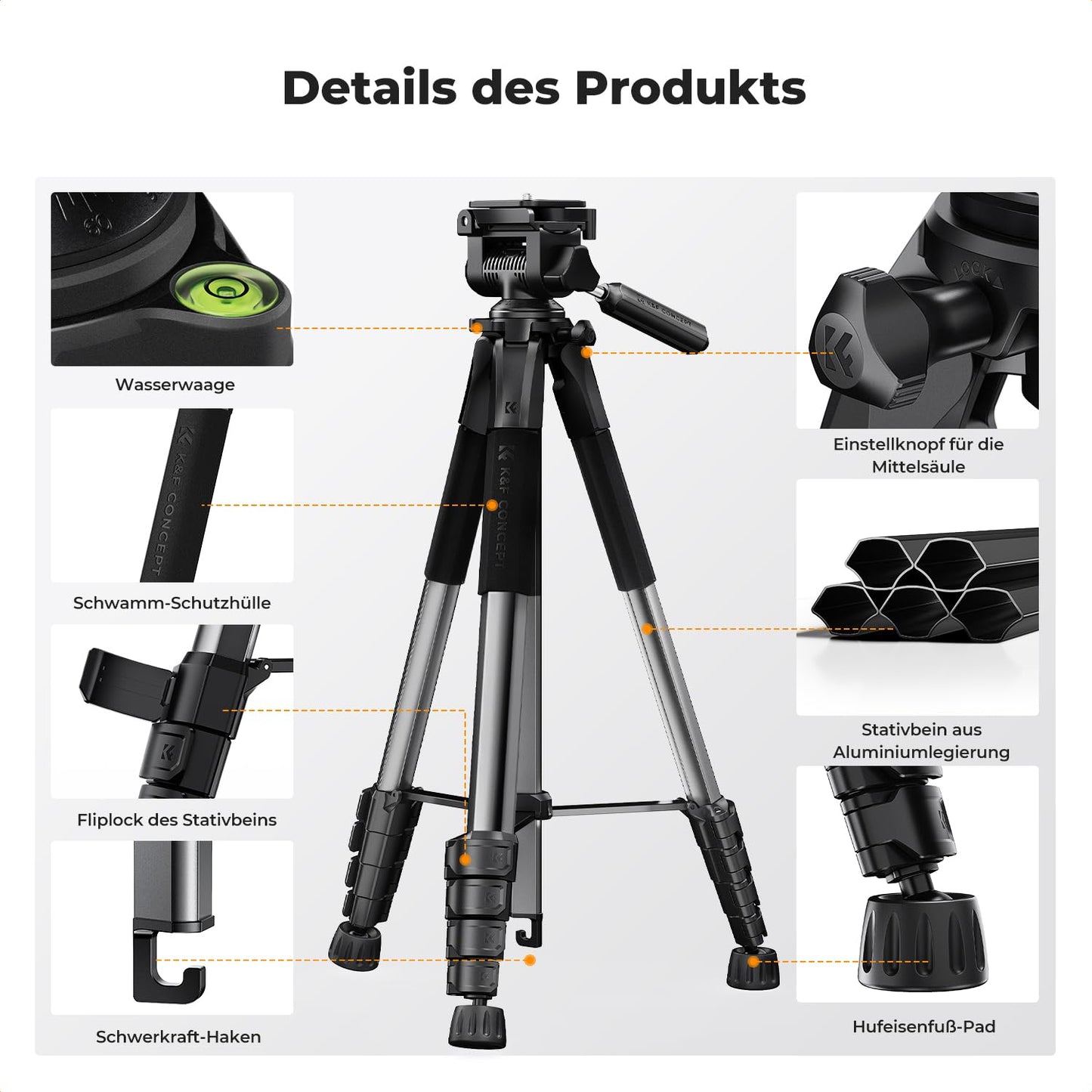 K&F CONCEPT Camera tripod S255A3+BV01, lightweight tripod with bag, 190 cm mobile phone tripod, tripod for Canon Nikon Sony camera/DSLR, tripod for smartphone, travel tripod with mobile phone tablet holder (black)