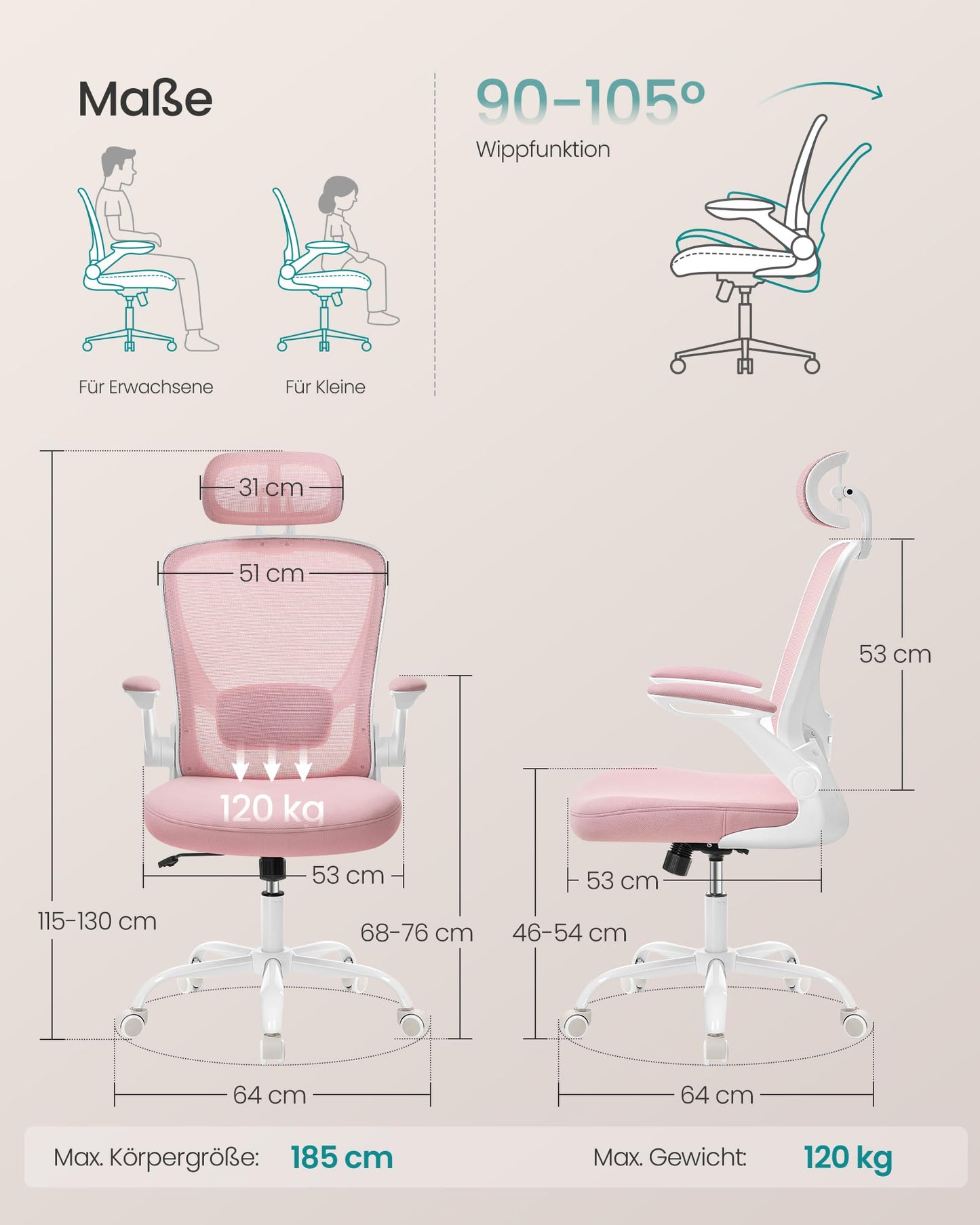 SONGMICS Ergonomic Office Chair, Swivel Chair with Mesh, Lumbar and Headrest, Rocker Function, 53cm Seat, Folding Armrests, Study and Bedroom, Students, Pastel Pink OBN047R01
