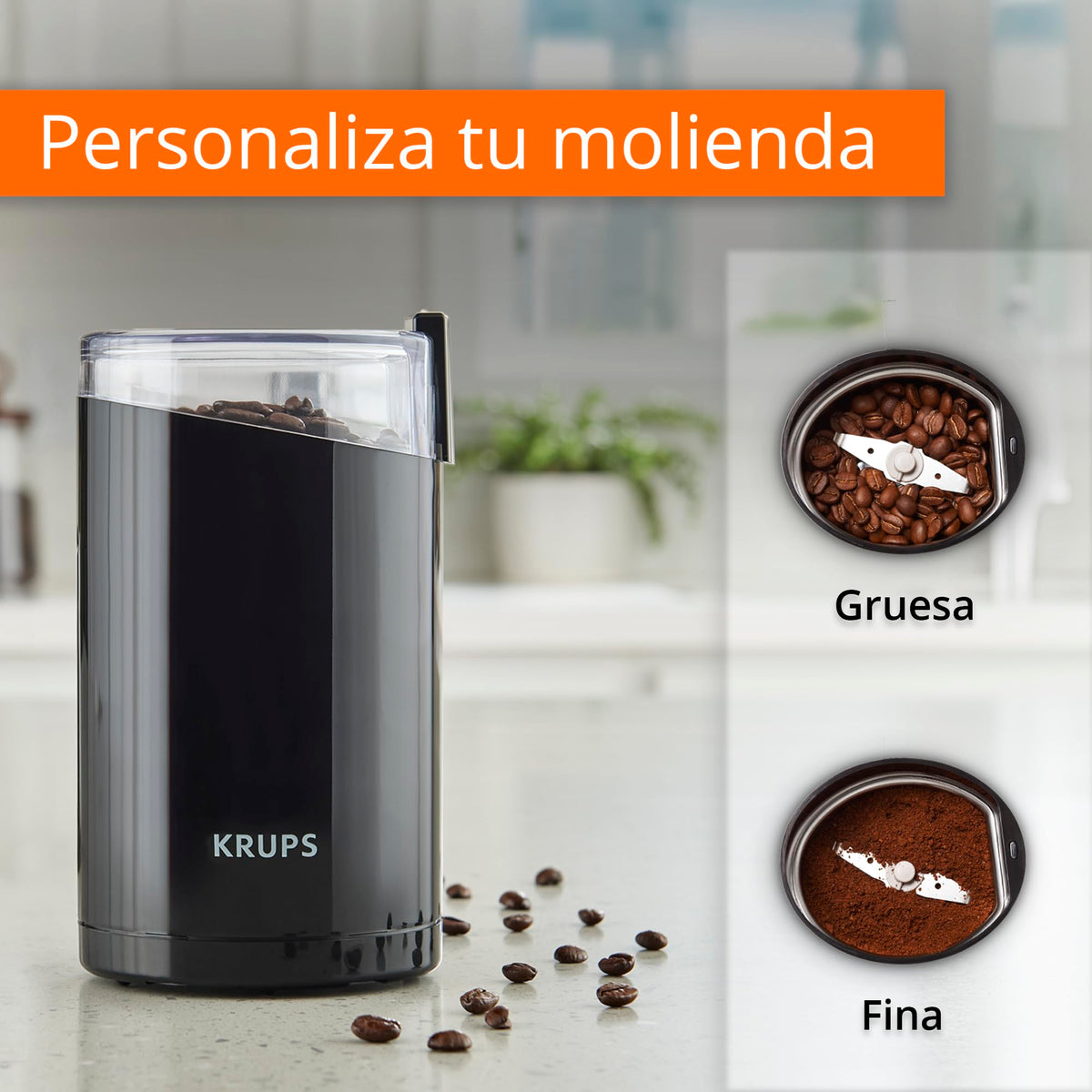Krups F20342 Coffee and Spice Grinder in One, Powerful Motor, Adjustable Grind Size, 75g Capacity, Stainless Steel Blade, Safety Lid, Anti-Slip Feet, Black