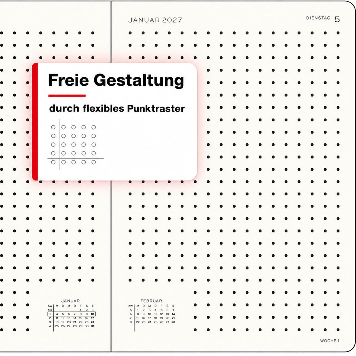 LEUCHTTURM1917 Daily Calendar 2027 Dotted Medium (A5) - German, Dusty Rose, 145 x 210 mm, January-December (12 months), 1 page per day, hourly grid 7:00-22:00, hardcover, 80 g/m² paper - 400167