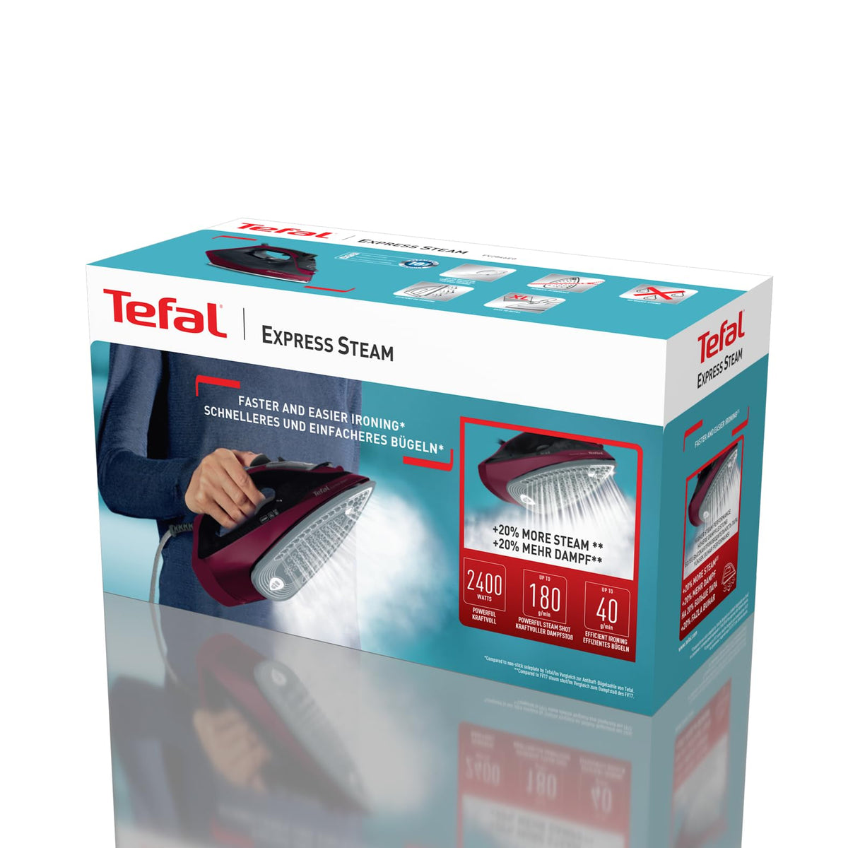 Tefal FV2846 Express Steam Fier de călcat, 2400 W, 40 g/min. reglarea cantității de abur, 180 g/min. jet de abur, funcție anti-picurare pentru a preveni petele pe haine, rezervor de apă de 270 ml, Negru/Roșu vin.