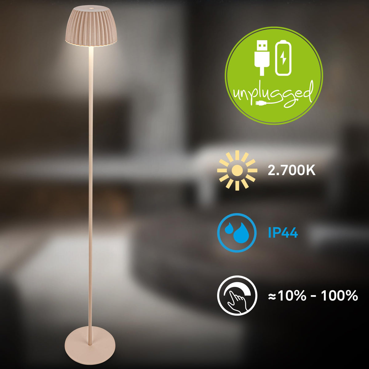 BRILONER - Riffle LED Floor Lamp Wireless IP44 with Touch, Dimmable, Memory Function, Replaceable Battery, Battery Floor Light, Reading Lamp, Living Room Lamp, German Design Award Winner 2025, 19x124 cm, Beige - 1238011