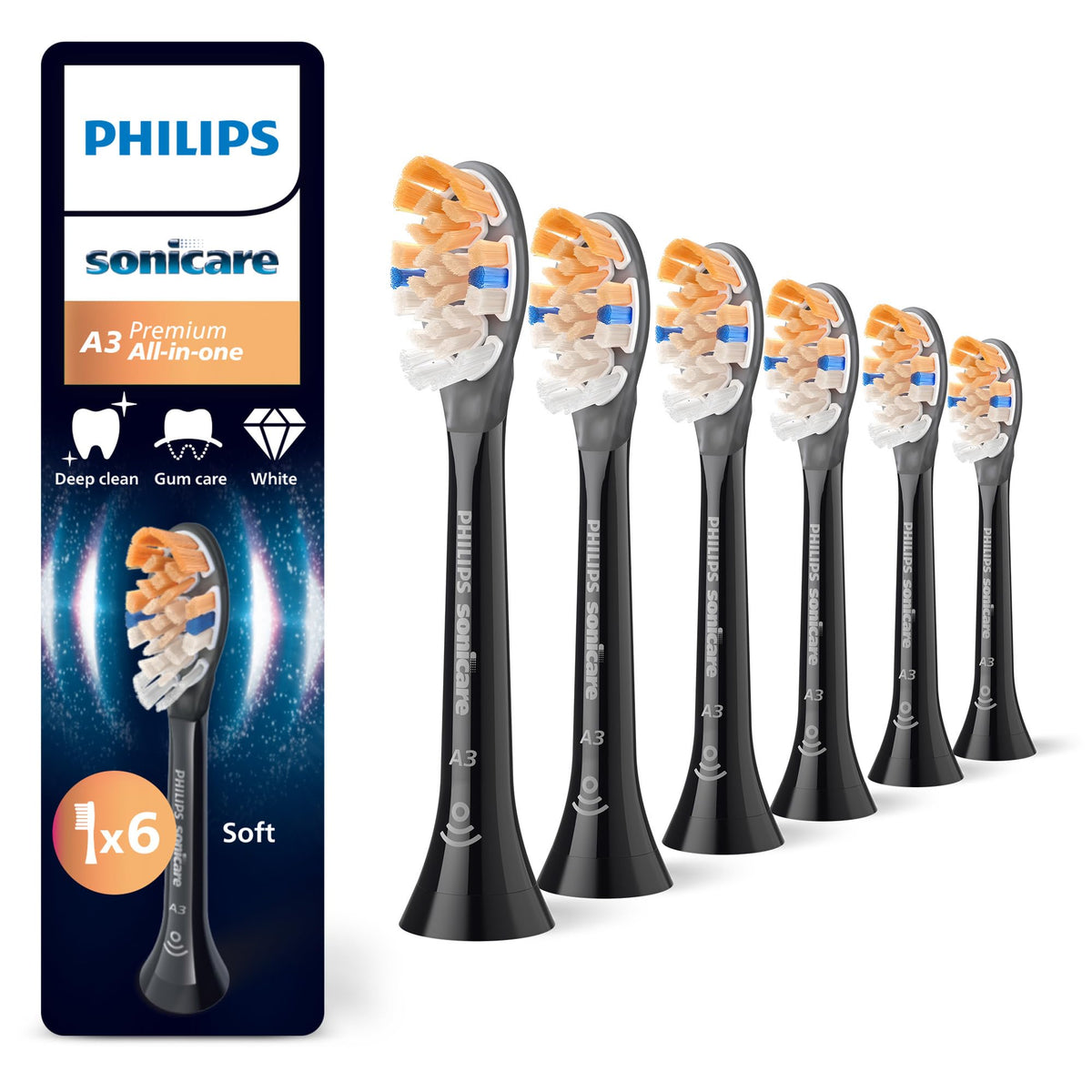 Philips Sonicare A3 Premium All-in-One, Original Replacement Brush Heads, Black, 6-Pack, HX9096/88
