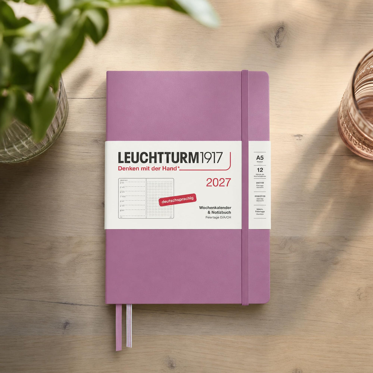 LEUCHTTURM1917 Calendar săptămânal 2027 punctat mediu (A5) cu caiet - Planificator de întâlniri german, Dusty Rose, ianuarie-decembrie 2027, Prezentare generală săptămânală în stânga + Pagina de note în dreapta - 400091