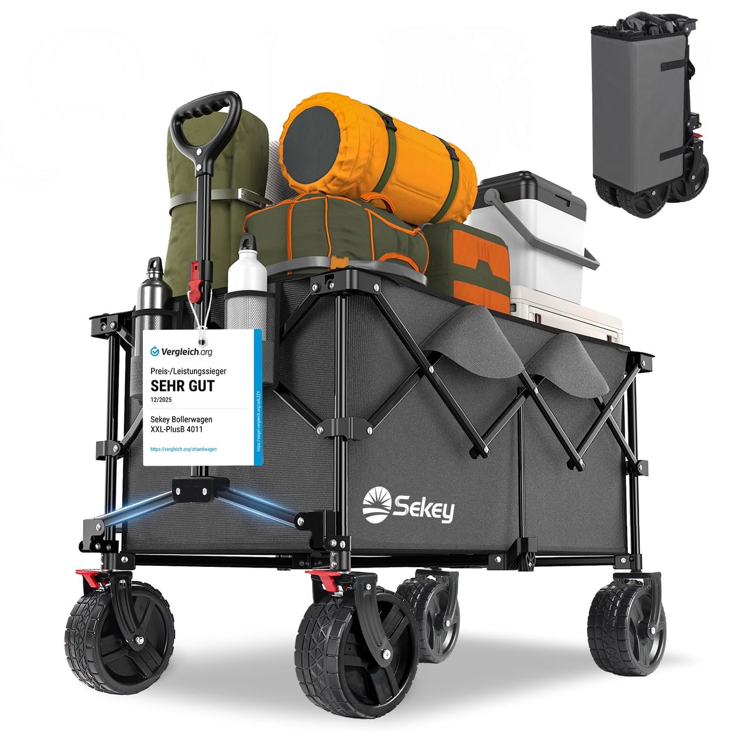 Sekey XXL Plus handcart foldable with brakes 200L 200KG load capacity, extra wide tires all terrain handcart, patented foldable from four directions, - FW20