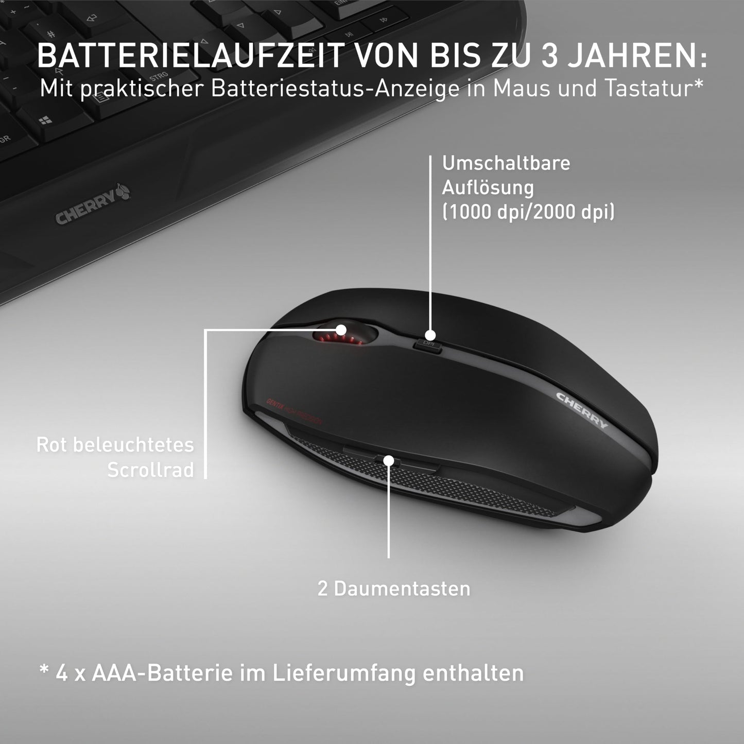 CHERRY GENTIX Desktop, wireless keyboard and mouse set, German layout (QWERTZ), 2.4 GHz radio, integrated wrist rest, symmetrical mouse, black - JD-7000DE-2